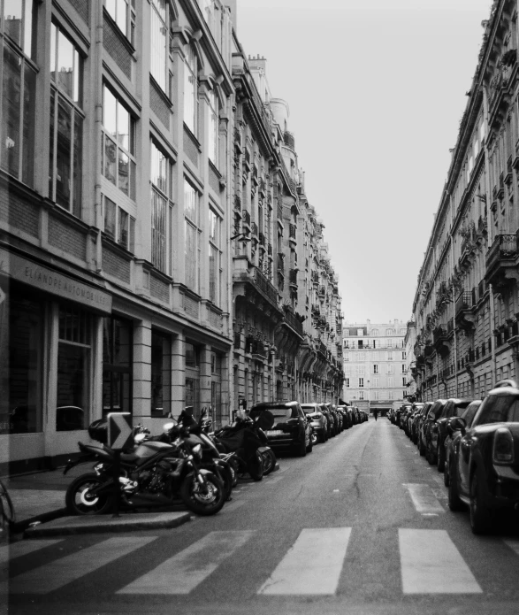 a black and white photo of a city street, unsplash, paris school, motorcycles, square, contemporary art, kaethe butcher