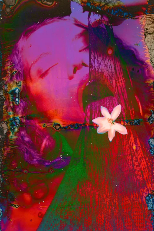 a picture of a woman with a flower in her hair, an album cover, inspired by Julian Schnabel, psychedelic art, jesus, grungy; colorful, grainy movie still, reflecting flower