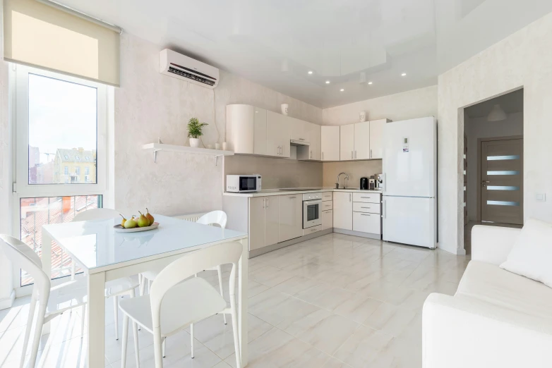 a living room filled with furniture and a kitchen, a picture, by Adam Marczyński, pexels contest winner, light and space, angular dynamic white rock floor, white pearlescent, white kitchen table, fan favorite