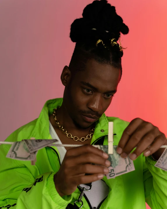 a man in a neon green jacket holding money, an album cover, by Cosmo Alexander, trending on unsplash, visual art, playboi carti portrait, non binary model, ☁🌪🌙👩🏾, photo of a hand jewellery model