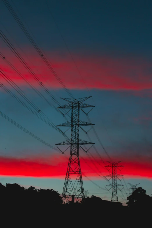 power lines with a red sky in the background, a portrait, pexels contest winner, renaissance, stacked image, electric blue, a green, # nofilter