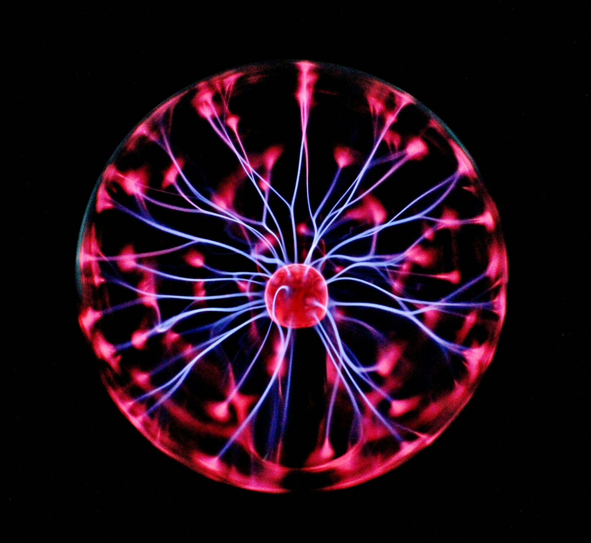 a red and blue plasma ball in the dark, a digital rendering, by Joe Bowler, pexels, nuclear art, jellyfish element, light micrograph, 2006 photograph, tesla coils