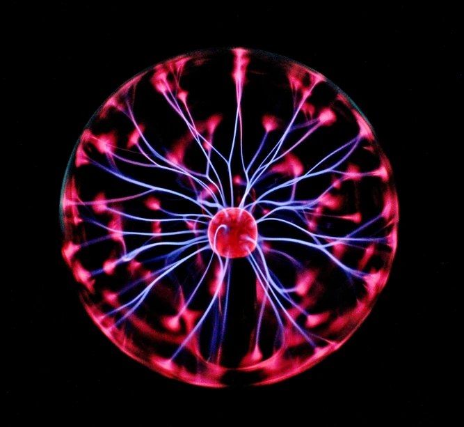 a red and blue plasma ball in the dark, a digital rendering, by Joe Bowler, pexels, nuclear art, jellyfish element, light micrograph, 2006 photograph, tesla coils