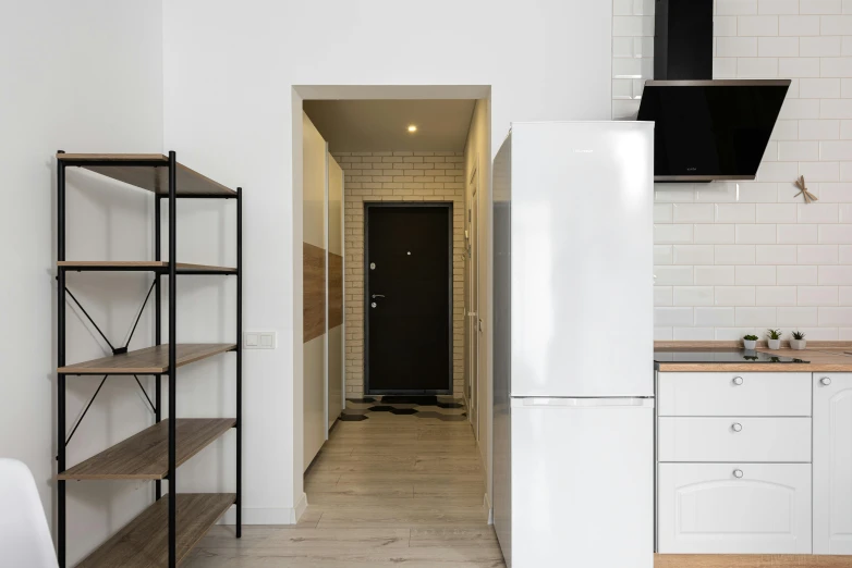 a white refrigerator freezer sitting inside of a kitchen, a 3D render, by Adam Marczyński, unsplash, endless hallways and bookshelves, white and black color palette, brown, neo kyiv