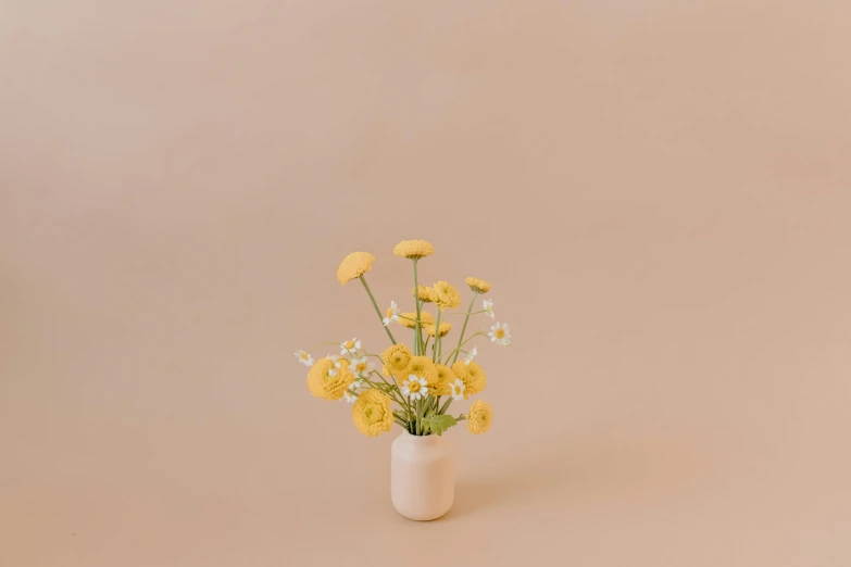 a white vase filled with yellow and white flowers, by Jessie Algie, unsplash, minimalism, 3 d clay render, beige color scheme, playful and cheerful, miniature cosmos