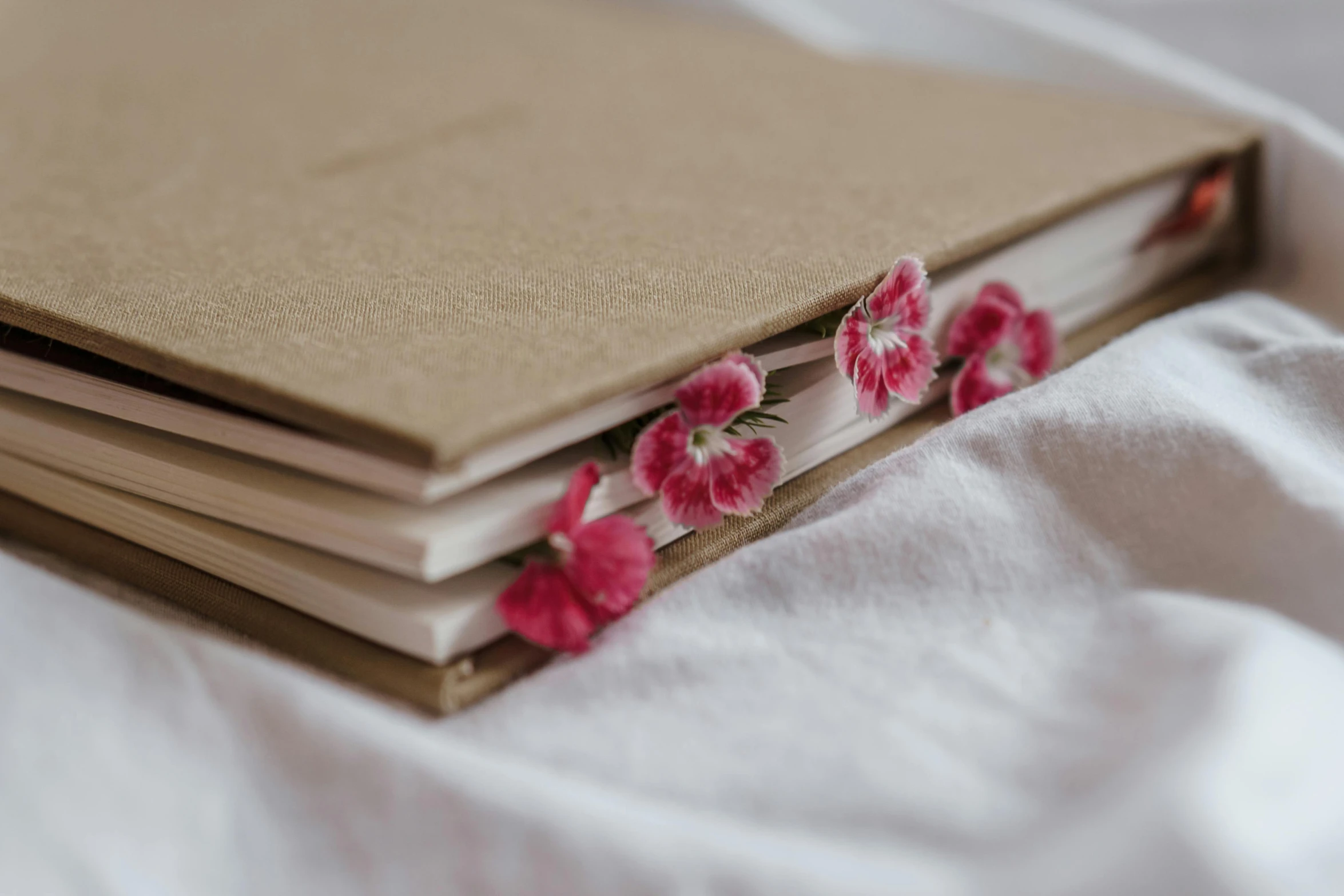 a stack of books sitting on top of a bed, an album cover, by Emma Andijewska, pexels contest winner, private press, pink flowers, brown paper, close - up on detailed, notebook