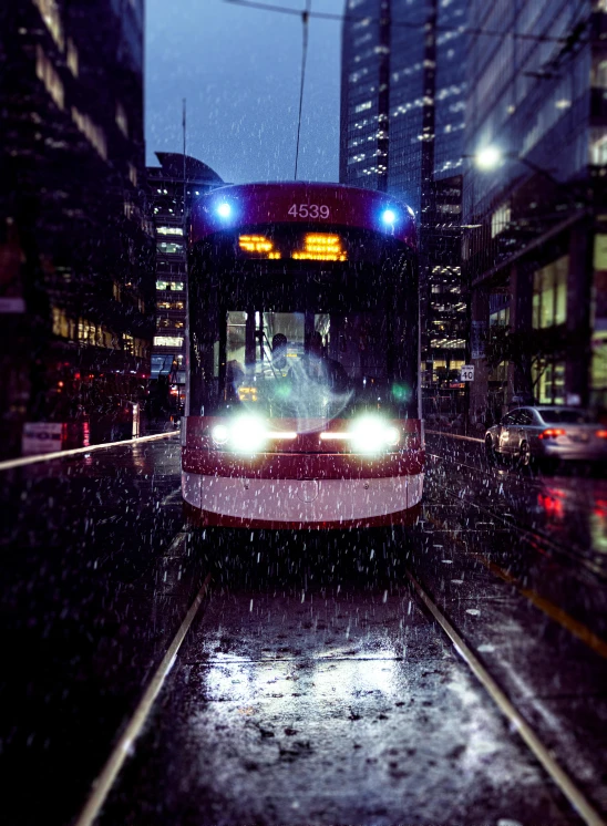 a red and white train traveling down a city street, a picture, by Andrew Domachowski, unsplash contest winner, ultra detailed rain drops, toronto city, tram, stormy night