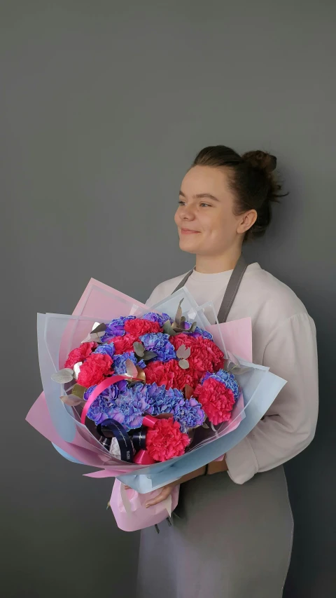 a woman holding a bouquet of pink and purple flowers, purple and pink and blue neons, giant red carnation afro head, blue and purple colour scheme, on grey background