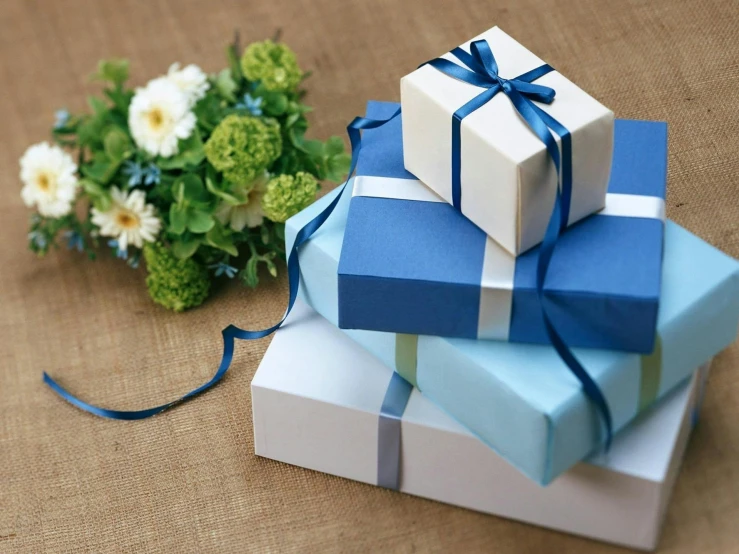 a bunch of gift boxes stacked on top of each other, by Sylvia Wishart, pixabay, private press, blue flowers accents, blue and white colour scheme, presenting wares, natural lighting