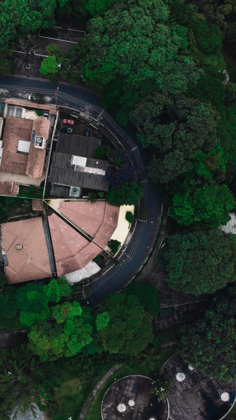 an aerial view of a house surrounded by trees, by Alejandro Obregón, pexels contest winner, realism, futuristic sao paulo, curved, panorama, college