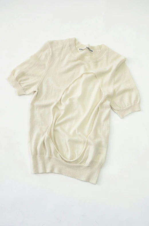 a white shirt sitting on top of a white surface, a picture, pulled apart, けもの, product view, ivory