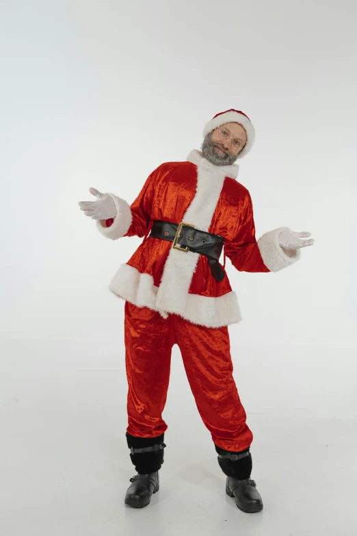 a man in a santa suit posing for a picture, full body and face and head, 2 arms and 2 legs, full body with costume, bearded