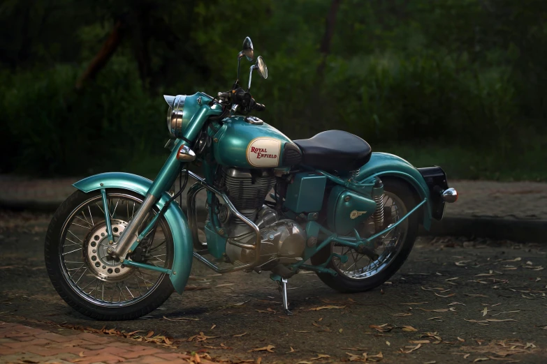 a blue motorcycle parked on the side of a road, pexels contest winner, photorealism, 3 ds max + vray, indian style, ultra realistic classic, teal color graded