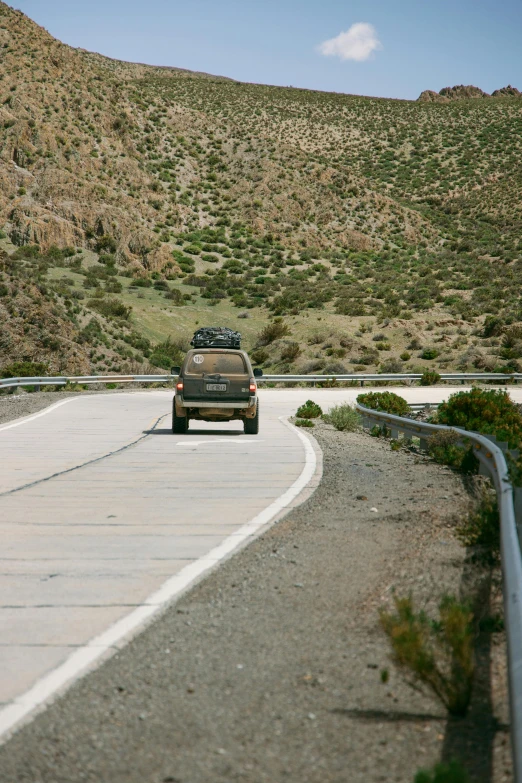 a car that is sitting on the side of a road, by Jacob Toorenvliet, chilean, walking towards camera, guardrails, brown