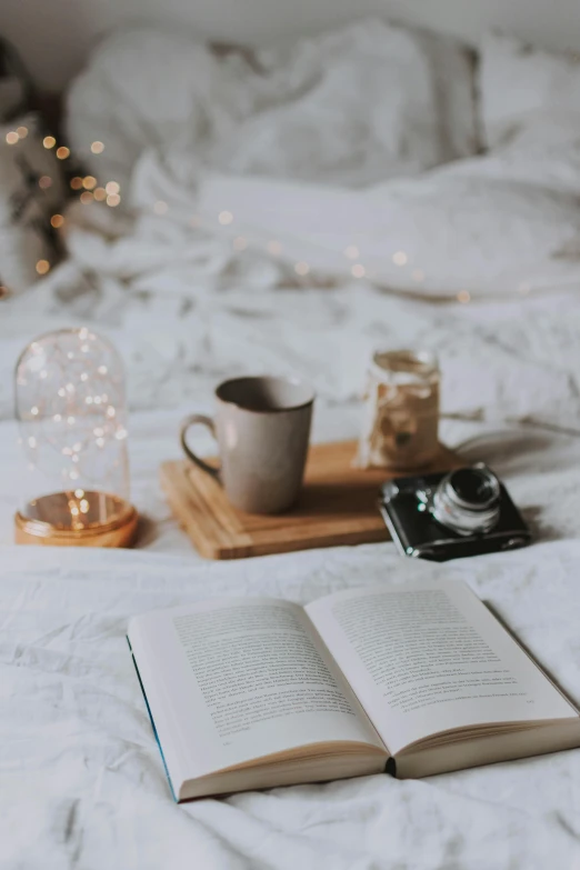 an open book sitting on top of a bed next to a cup of coffee, pexels contest winner, floating lights, gif, winter setting, flat lay