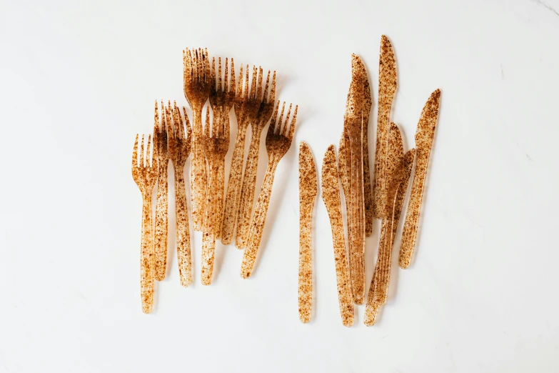 a couple of forks sitting on top of a table, brown resin, luscious with sesame seeds, translucent gills, various sizes