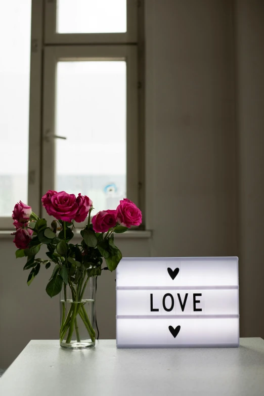 a vase filled with pink roses sitting on top of a table, a poster, unsplash, light box, love theme, at home, sign