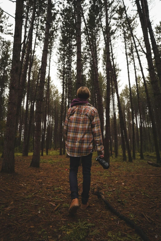 a person standing in the middle of a forest, flannel, ((trees)), teenage, explore