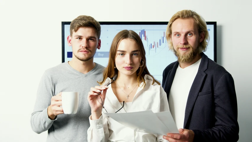 a group of three people standing next to each other, analytical art, professional advertisement, facial actuary, slavic, high-quality photo