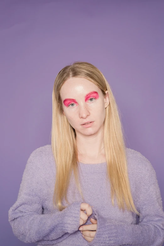 a woman with pink eyeliners on her face, an album cover, inspired by Louisa Matthíasdóttir, trending on pexels, renaissance, portrait of kim petras, half body photo, annoyed, studio portrait photo