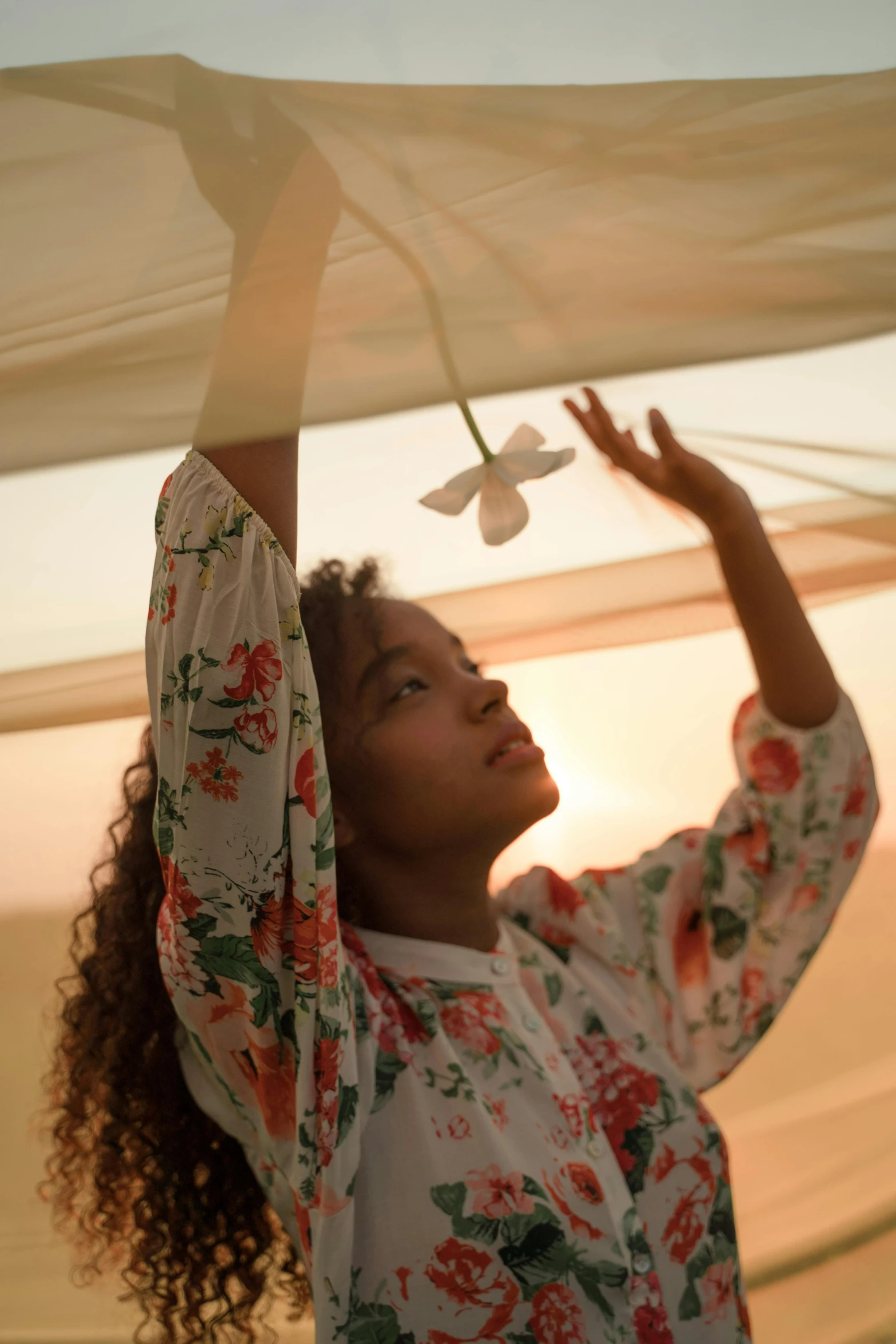 a woman holding a sheet over her head, by Pamela Ascherson, trending on unsplash, renaissance, picking up a flower, soft butterfly lighting, tessa thompson, in a silk robe