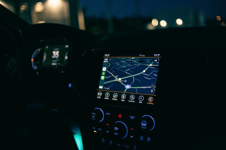 a close up of a car's dashboard at night, an album cover, pexels, square, mapbox, colorful digital screens) xf iq4, 2019 trending photo