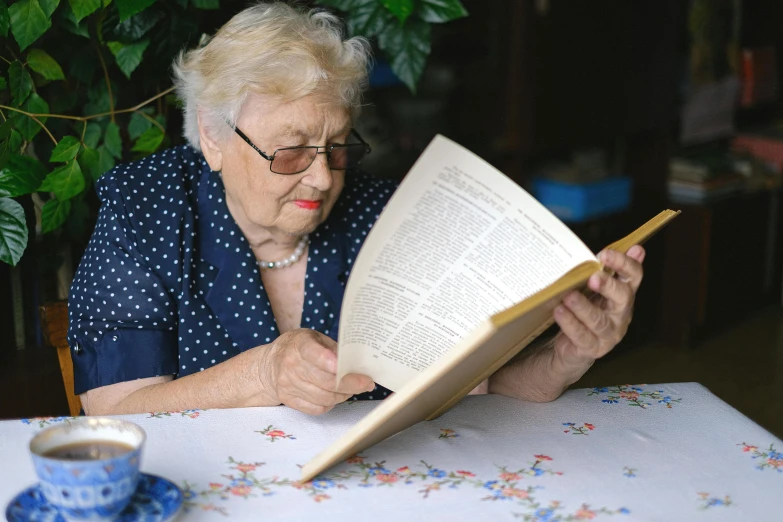 a woman sitting at a table reading a book, a portrait, pexels contest winner, elder, reading engineering book, polka dot, old english