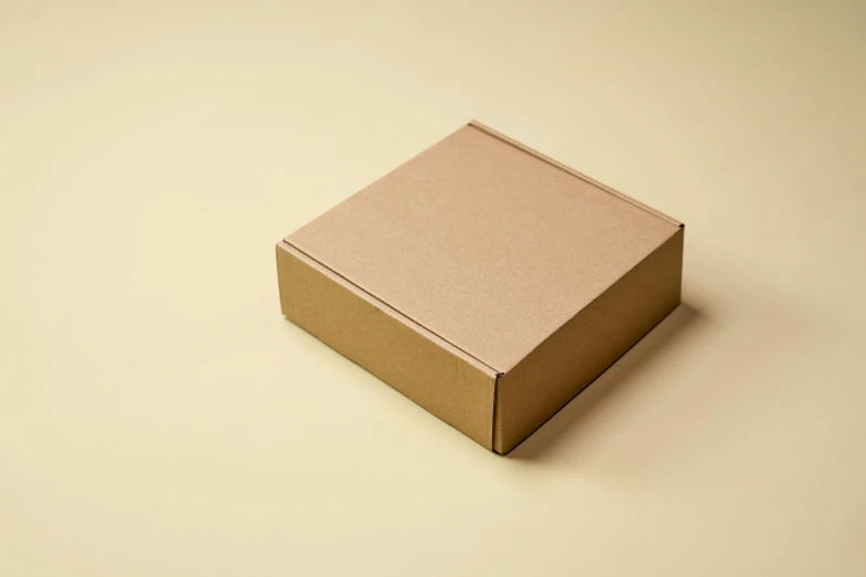 a close up of a box on a table, light - brown wall, design only, full product shot, squared border