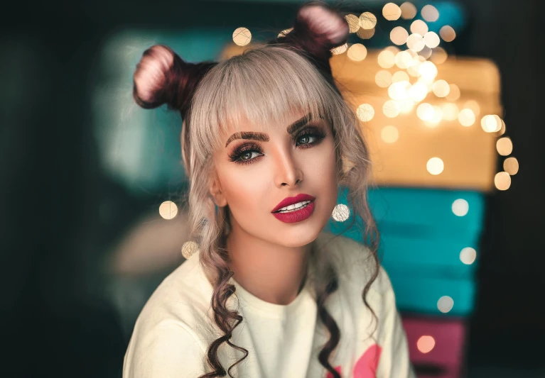 a woman sitting in front of a pile of boxes, a colorized photo, by Julia Pishtar, trending on pexels, two pigtails hairstyle, jessica nigri face!!, wide golden eyes and red lips, curled silver hair