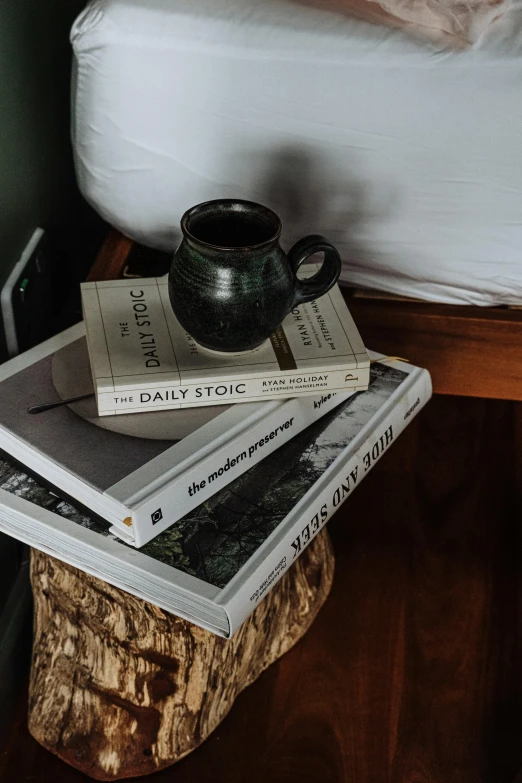 a stack of books sitting on top of a wooden table, cozy bed, hand built ceramics, science magazines, slate