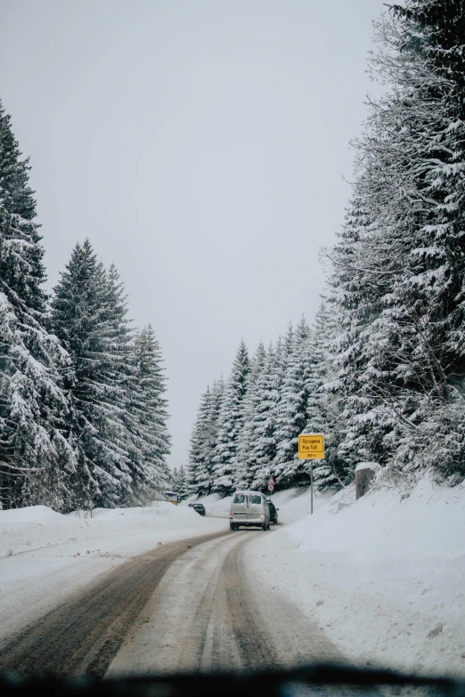 a car driving down a snow covered road, by Daniel Seghers, pexels contest winner, signboards, fir trees, 🚿🗝📝