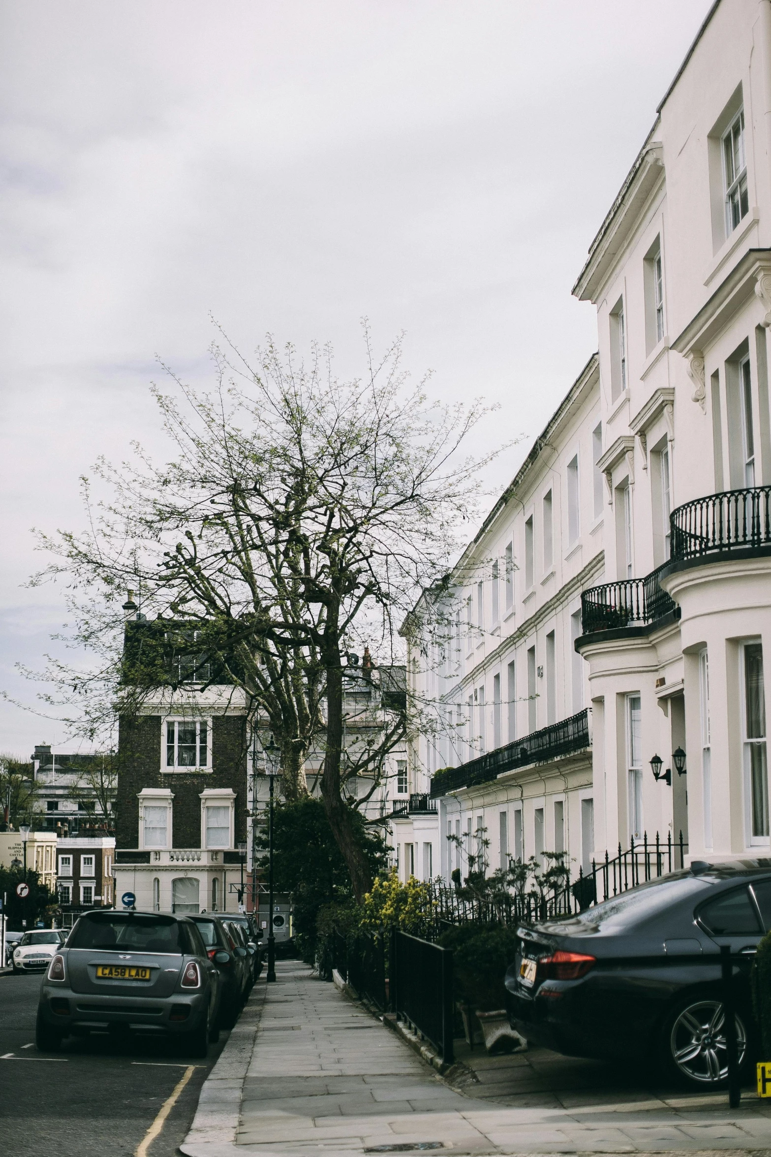 a couple of cars parked on the side of a road, by Rachel Reckitt, trending on unsplash, neoclassicism, london architecture, tree town, tall terrace, neighborhood outside window