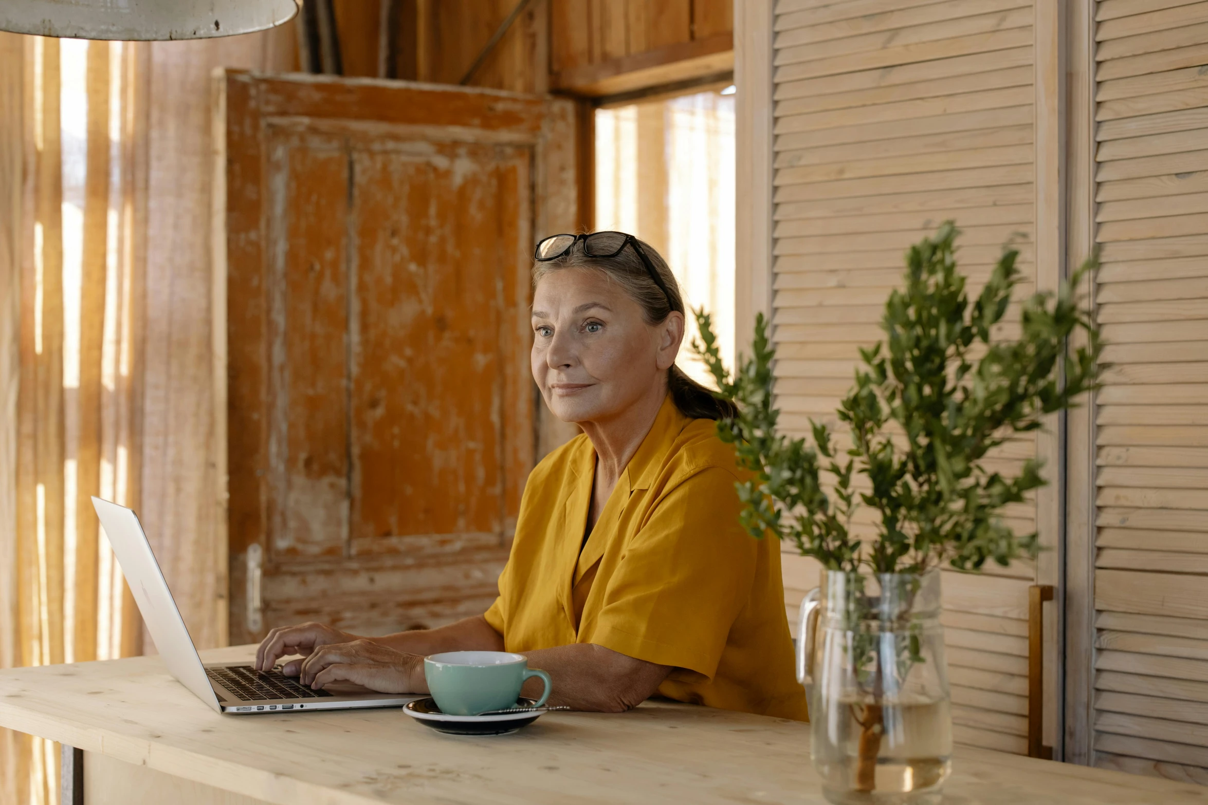 a woman sitting at a table with a laptop, a portrait, by Liza Donnelly, pexels contest winner, cottage hippie naturalist, slightly minimal, brown, swedish