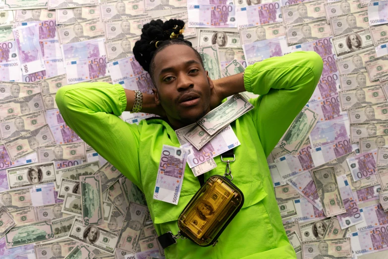 a man laying on top of a pile of money, an album cover, by artist, pexels contest winner, street wears, bladee from drain gang, thicc build, thumbnail