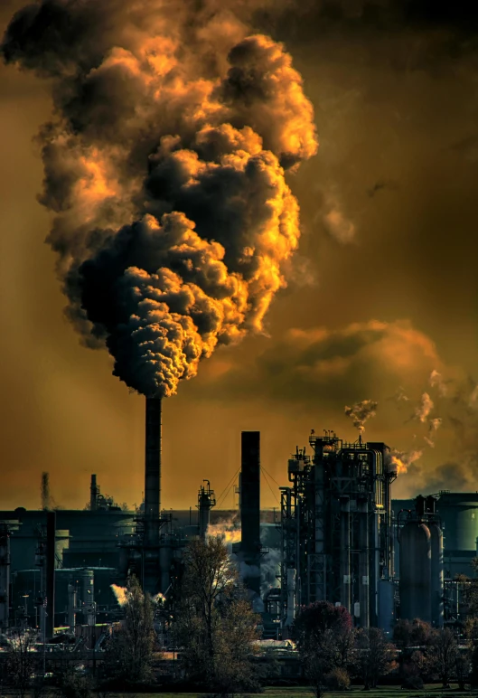 a factory with a lot of smoke coming out of it, a picture, pexels contest winner, with a yellow green smog sky, organic polycarbon, brown, black