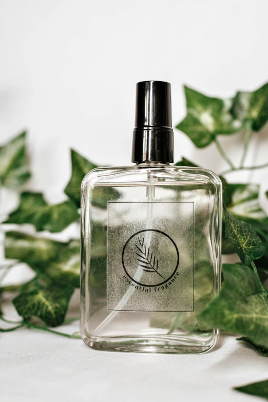 a bottle of perfume sitting on top of a table, filled with plants and habitats, thumbnail, palm skin, clean and neat