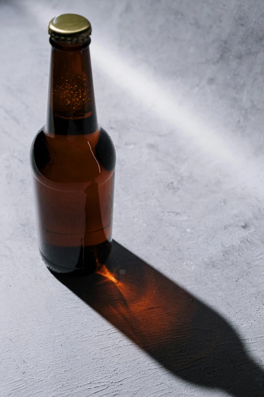 a bottle of beer sitting on top of a table, unsplash, photorealism, shadow gradient, brown tail, high quality photo, cast shadows