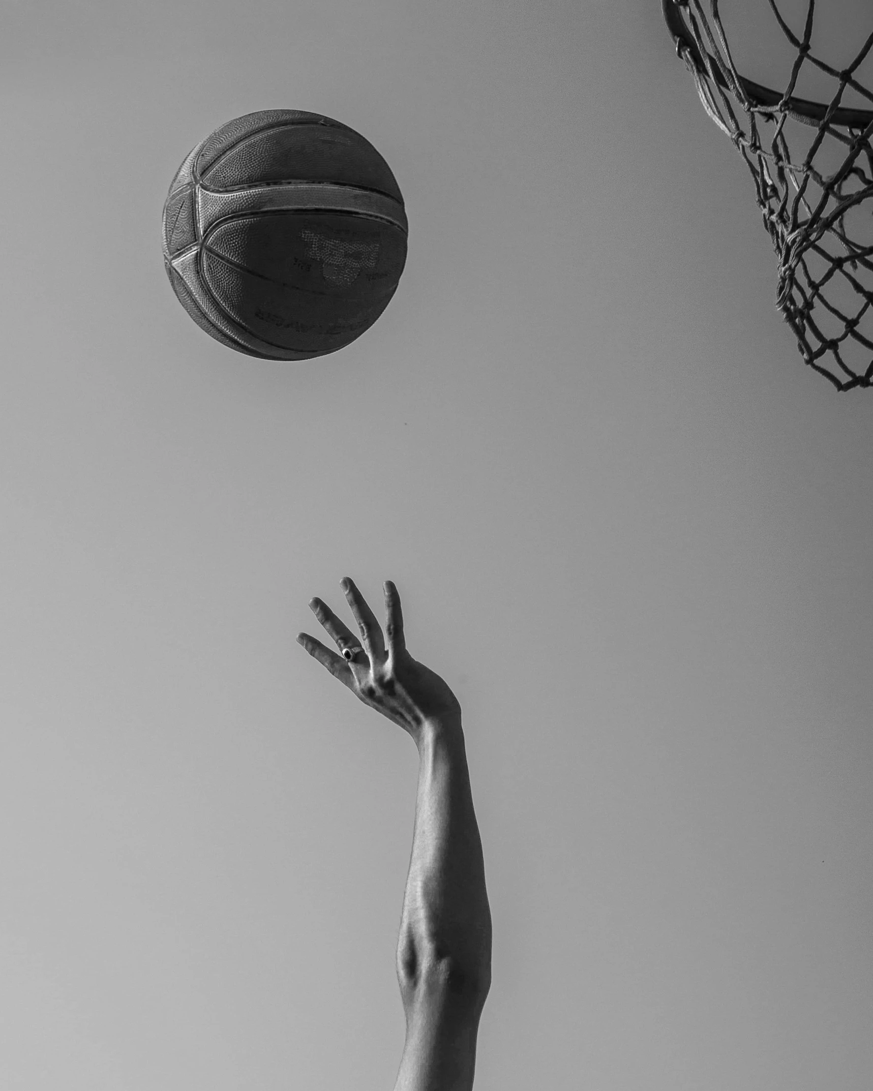 a person reaching up to catch a basketball, a black and white photo, profile image, trending photo, uploaded, game ready