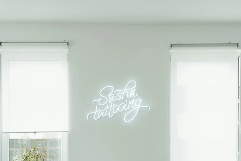 a living room filled with furniture and a neon sign, a tattoo, inspired by Cerith Wyn Evans, trending on unsplash, white neon wash, interior white wall, window lighting, white light halo