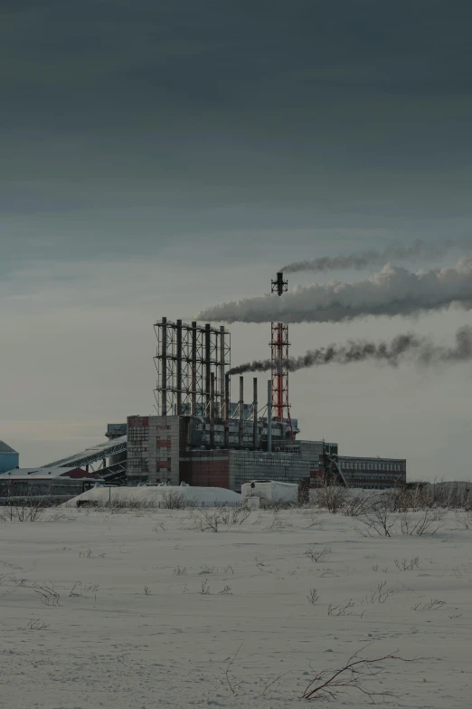 a factory with a lot of smoke coming out of it, by Sven Erixson, pexels contest winner, snowy arctic environment, plant sap, 4 k, upset