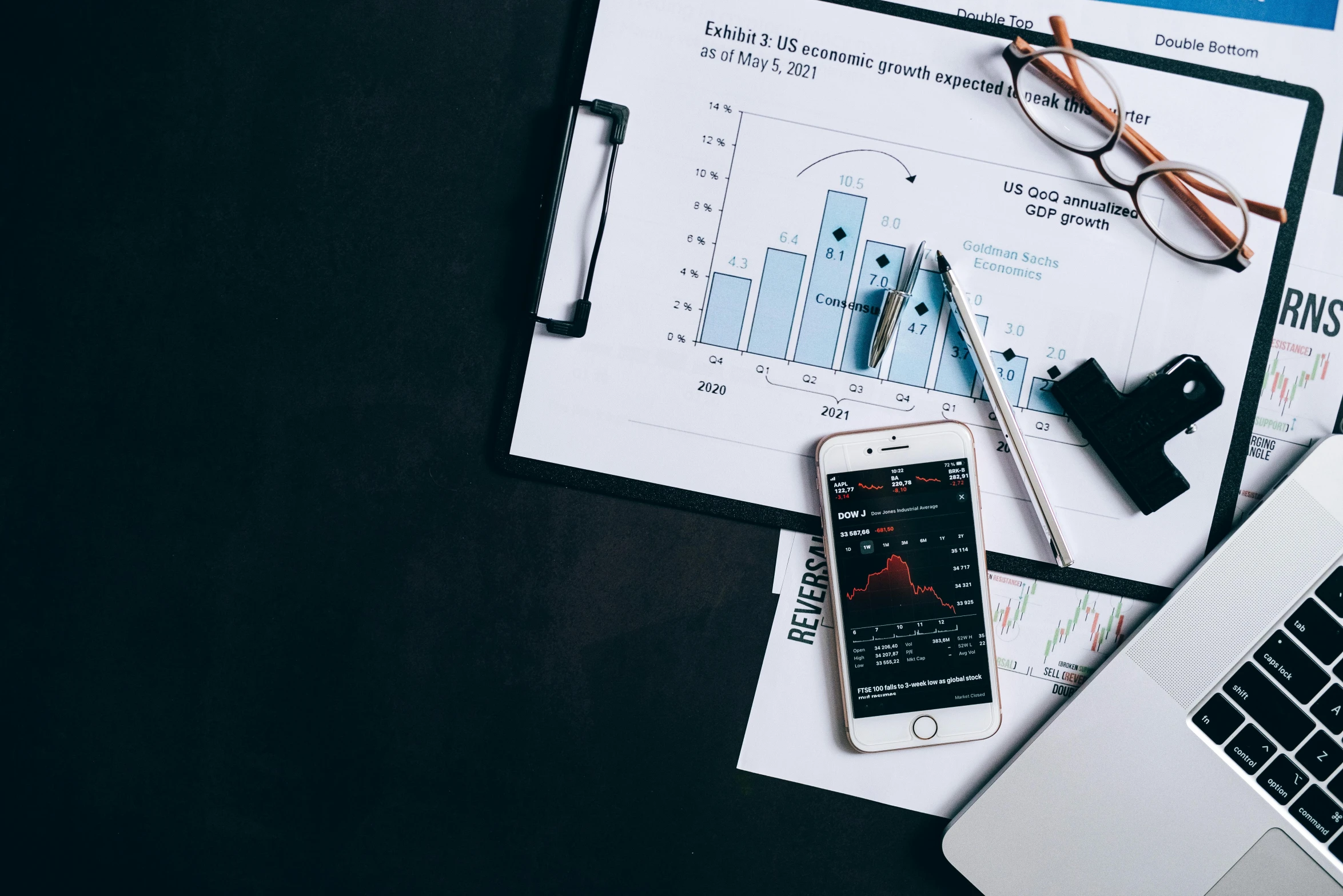 a laptop computer sitting on top of a desk next to a cell phone, a picture, trending on unsplash, analytical art, graphs, dark. no text, maths, product view