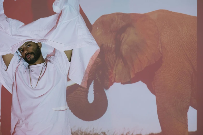 a man standing in front of a picture of an elephant, an album cover, pexels contest winner, afrofuturism, wearing white robes, an elephant doing yoga poses, red cloth around his shoulders, still from nature documentary