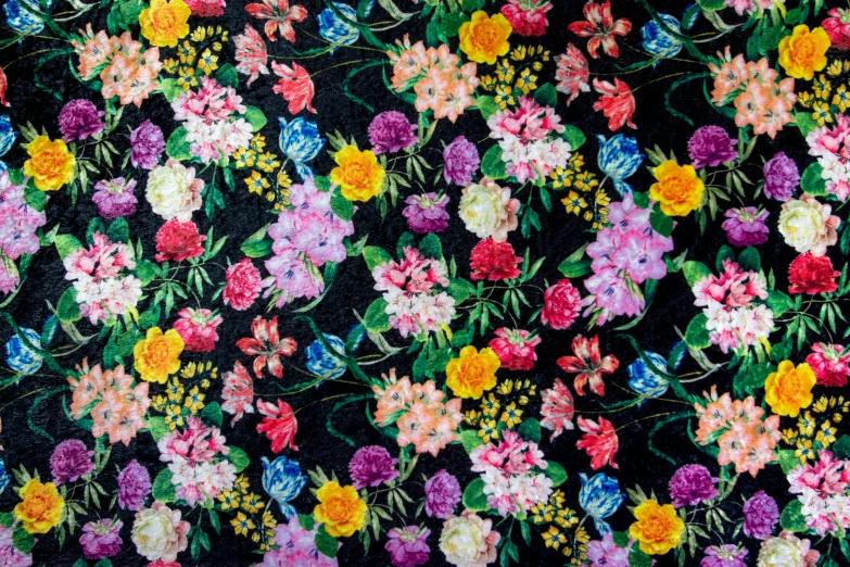 a colorful floral pattern on a black background, a pointillism painting, inspired by François Boquet, maximalism, highly detailed -, daniel richter, full of colour w 1024, spring flowers