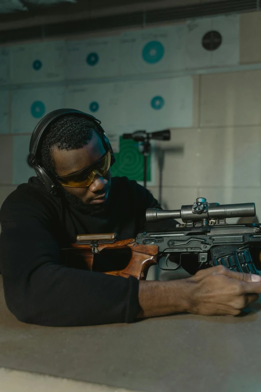 a man sitting at a table with a gun, mkbhd, music being played, target reticles, halfbody headshot