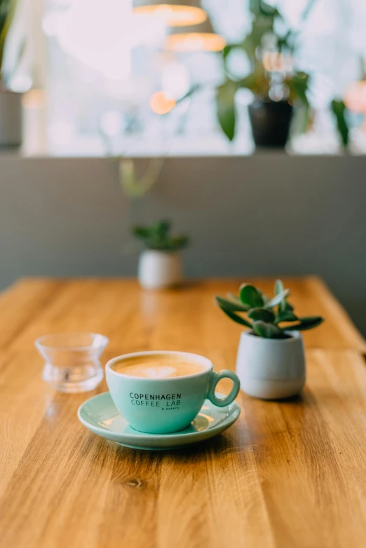 a cup of coffee sitting on top of a wooden table, by Lee Loughridge, trending on unsplash, postminimalism, soft blues and greens, in a bright cafe, calmly conversing 8k, drink more coffee