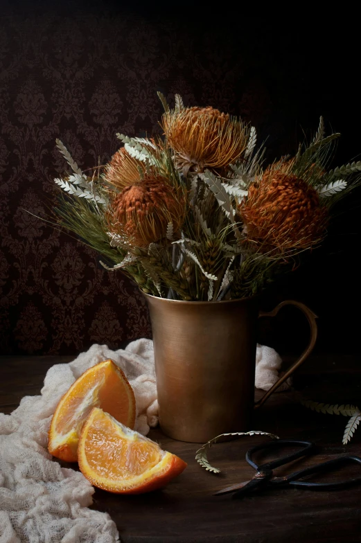 a vase filled with oranges next to a pair of scissors, shutterstock contest winner, australian tonalism, thistles, brown flowers, copper cup, bouquets