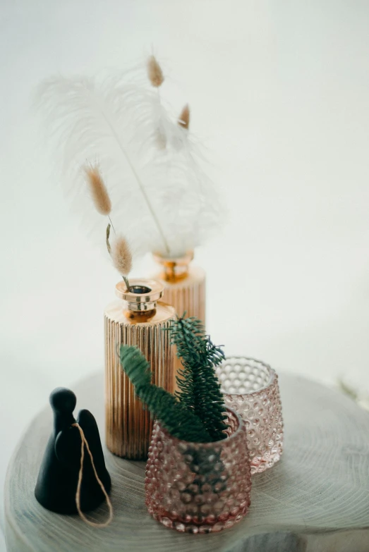 a couple of vases sitting on top of a wooden table, golden feathers, perfume, detailed product image, zoomed in shots