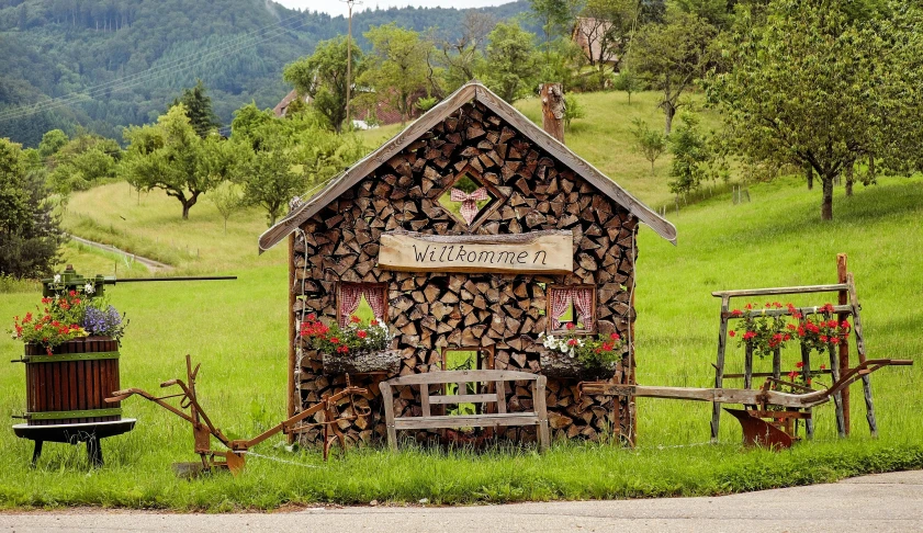 a pile of wood sitting on top of a lush green field, by Armin Baumgarten, pixabay contest winner, folk art, storefront, fully decorated, woodfired, integrated in the mountains