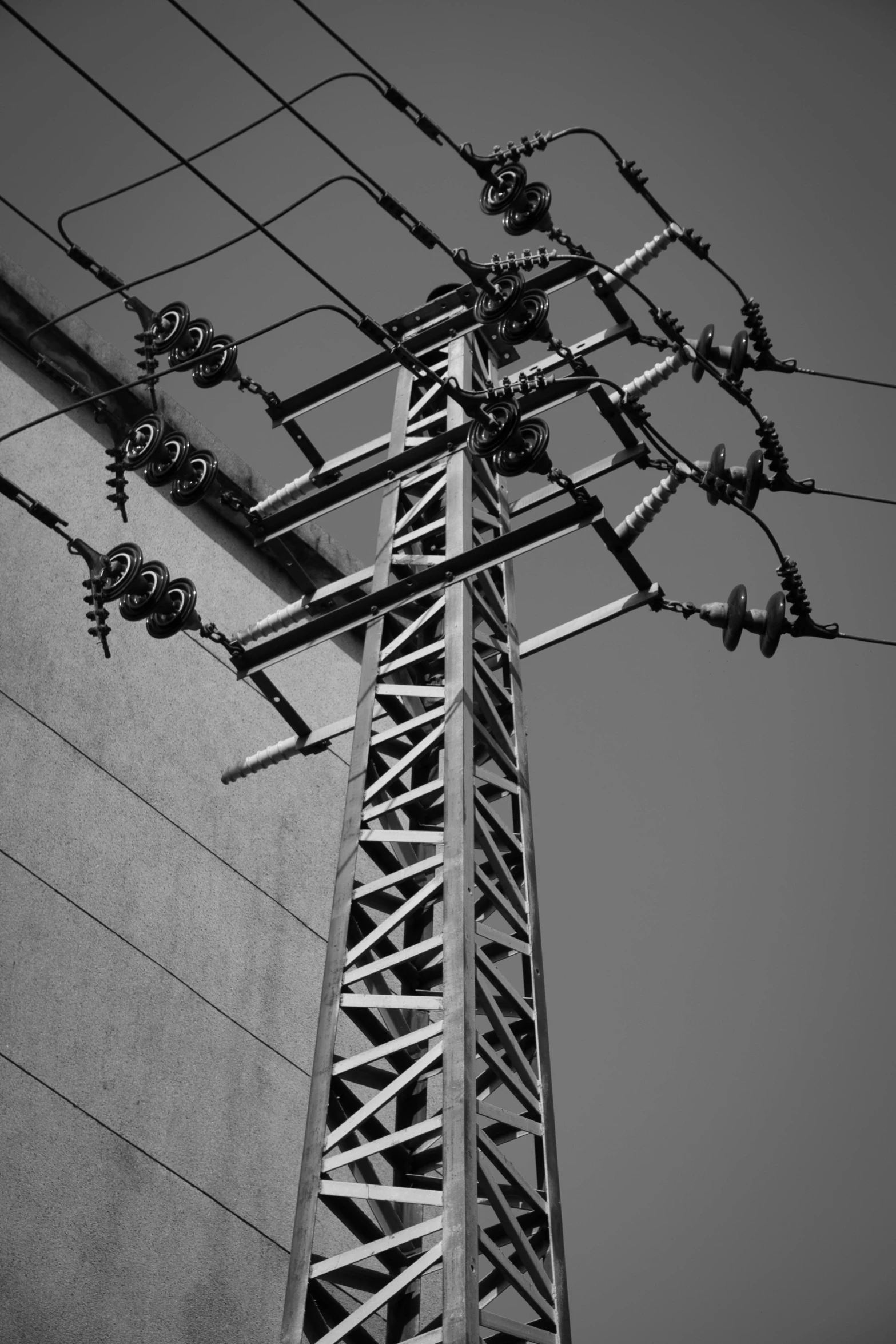 a black and white photo of a power pole, by Altichiero, wires. biopunk, square lines, industrial factory, monochrome:-2