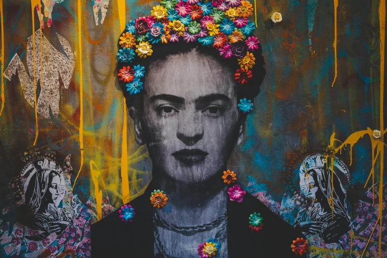 a painting of a woman with flowers in her hair, inspired by Frida Kahlo, pexels contest winner, street art, 144x144 canvas, unsplash photo contest winner, grungy; colorful, political art